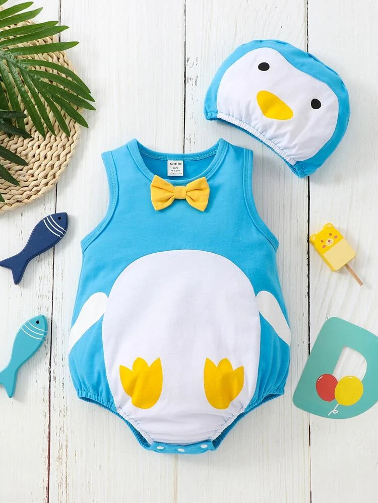 Cute On 2 Pack Unisex Sleeveless Cartoon Cotton Baby Clothes Bodysuit Hat Cap