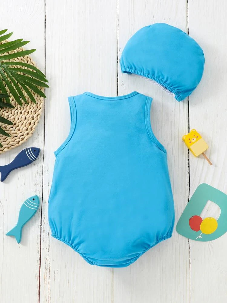 Cute On 2 Pack Unisex Sleeveless Cartoon Cotton Baby Clothes Bodysuit Hat Cap