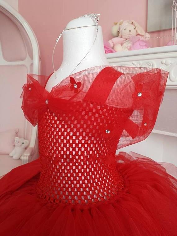POSH DREAM Dress+ Crown+ Gloves Red Flower Girls Wedding Party Dresses Kids Girls Tulle Tutu Dresses